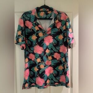 Men’s Chubbies Black Pink Hibiscus Floral Hawaiian Short SleevePolo Sz‎ Large.